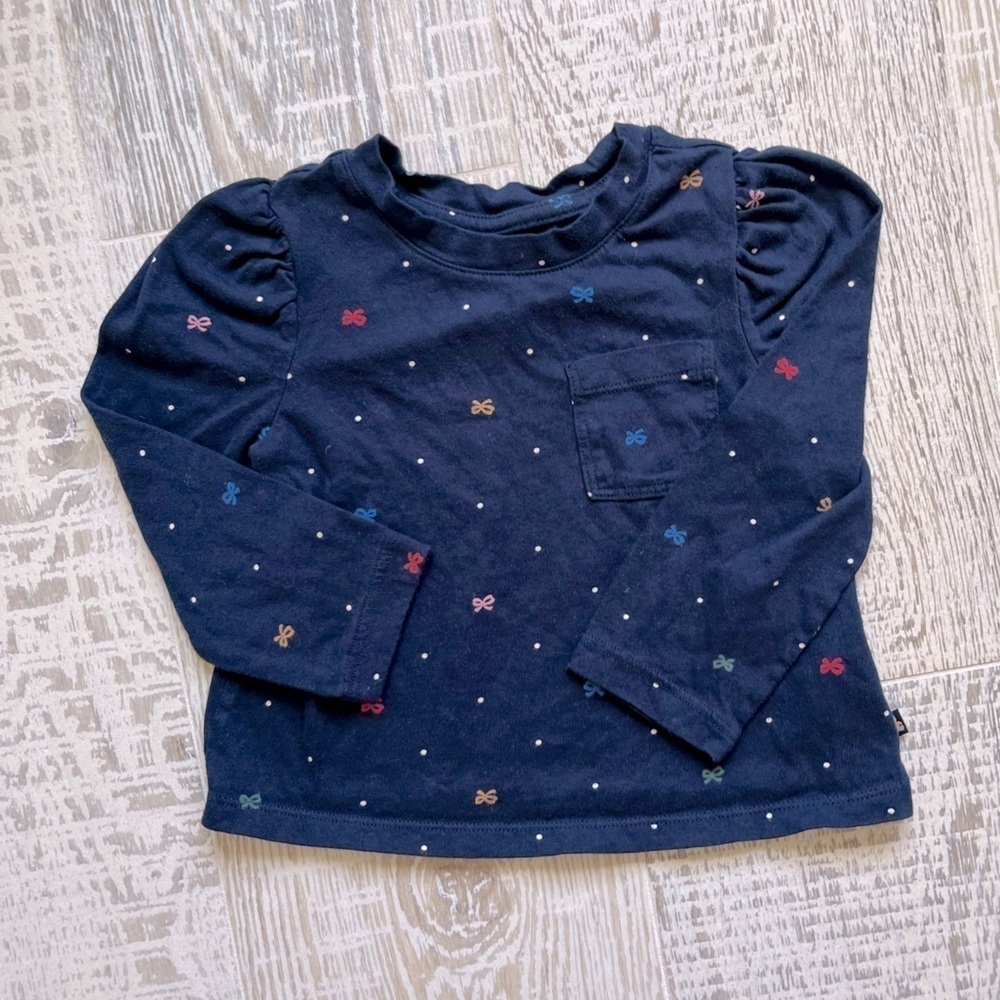 Baby Gap 3T navy blue long sleeve bows polkadot print shirt puff shoulder